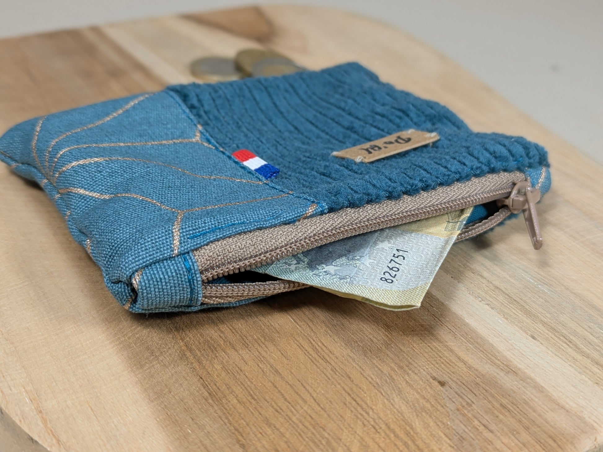 Porte monnaie en velours côtelé bleu vert Po'fil