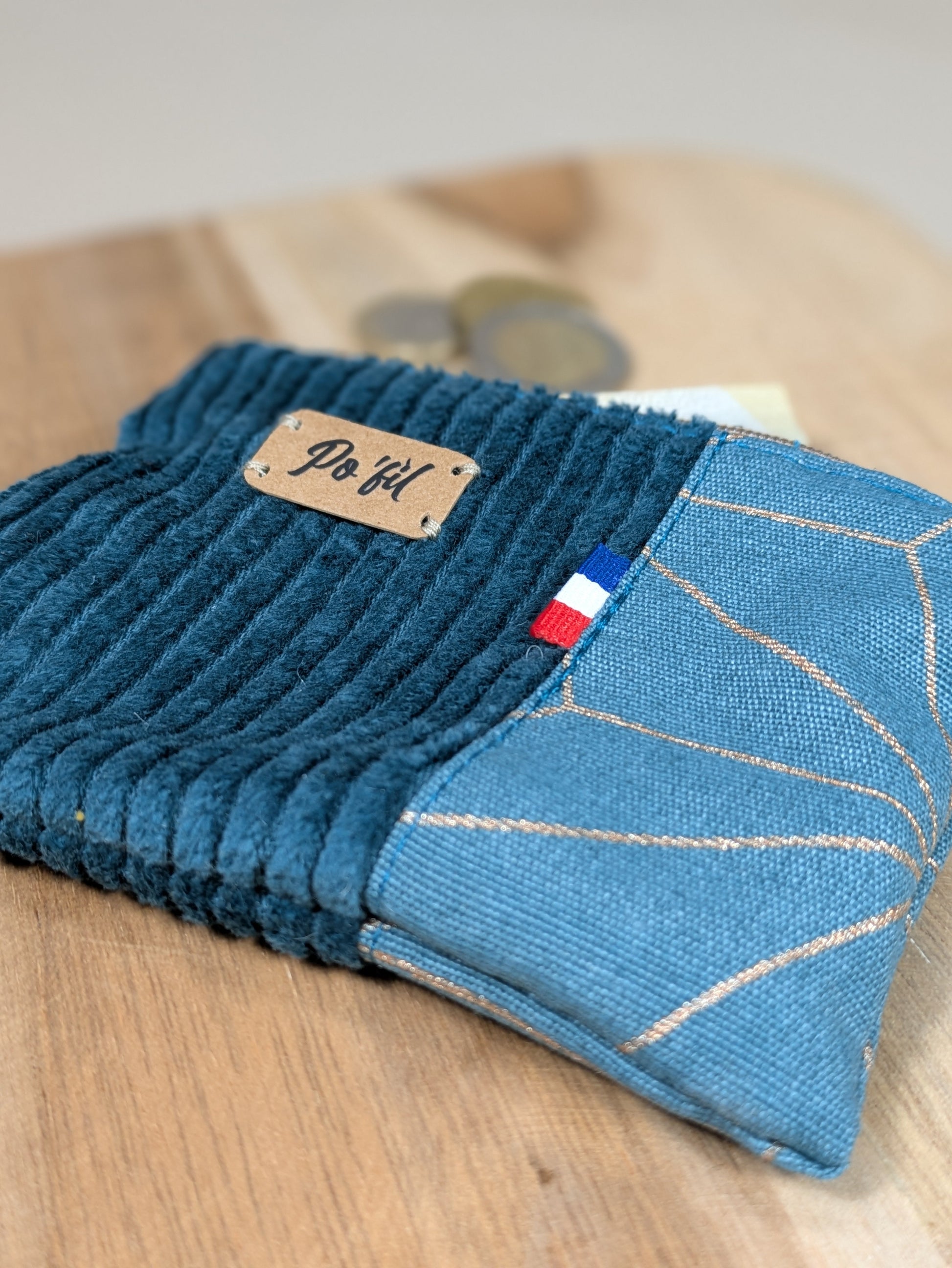 Porte monnaie en velours côtelé bleu vert Po'fil