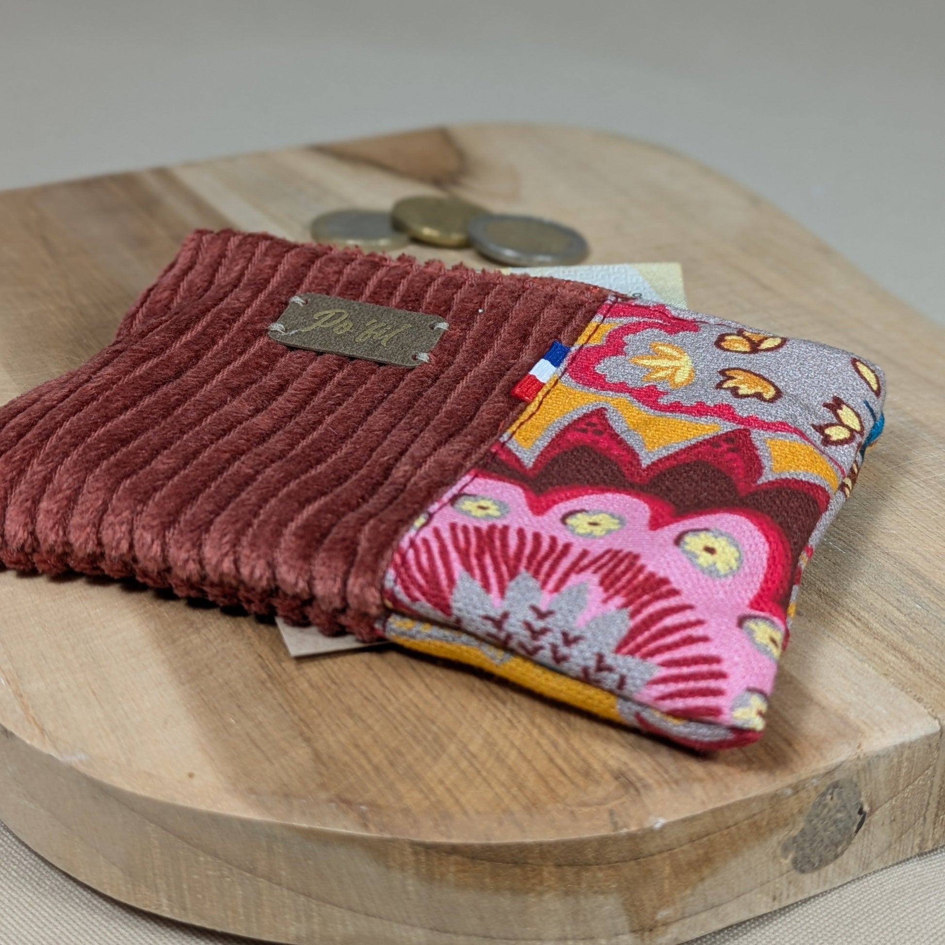 Porte monnaie en velours côtelé brique Po'fil