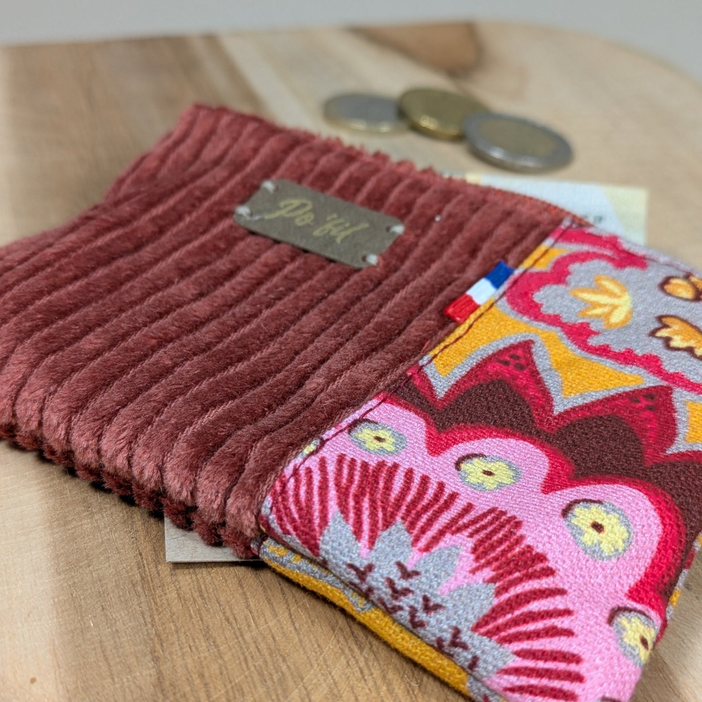 Porte monnaie en velours côtelé brique Po'fil