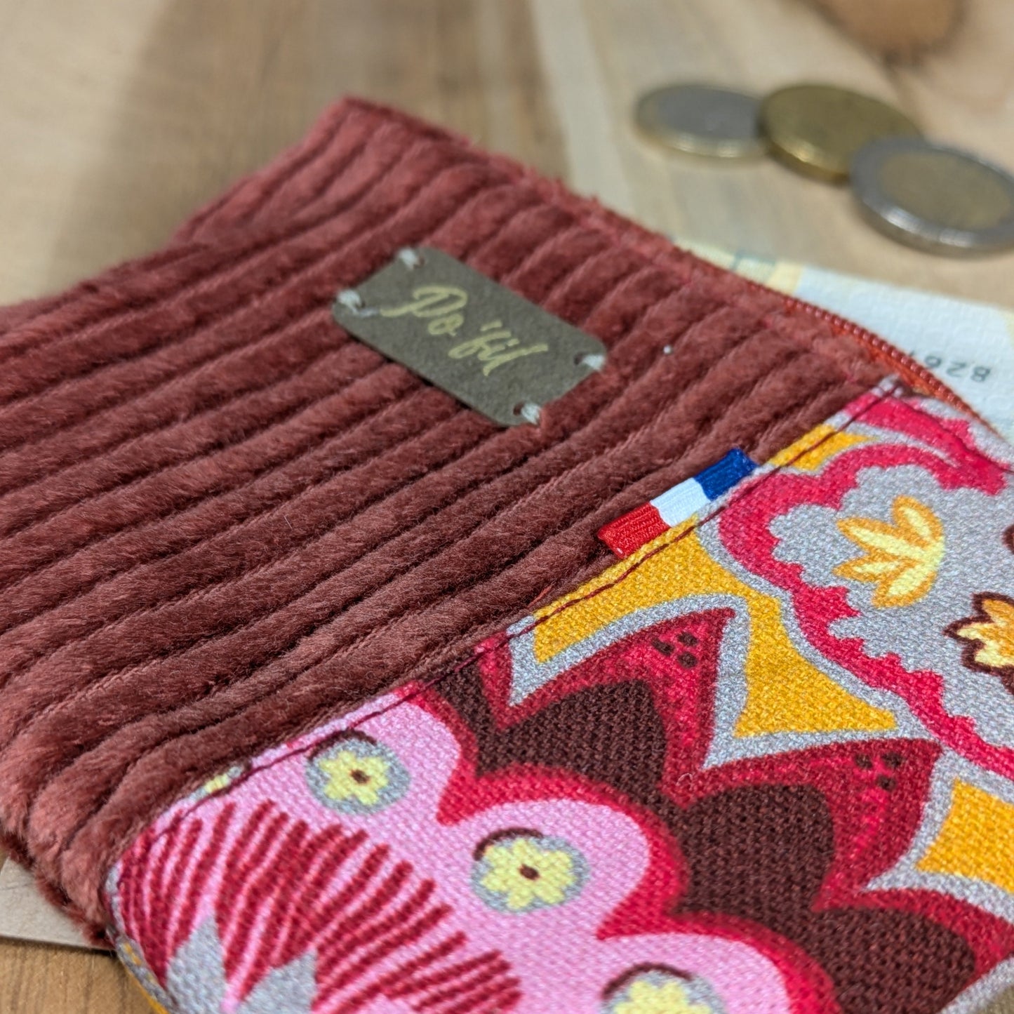 Porte monnaie en velours côtelé brique Po'fil