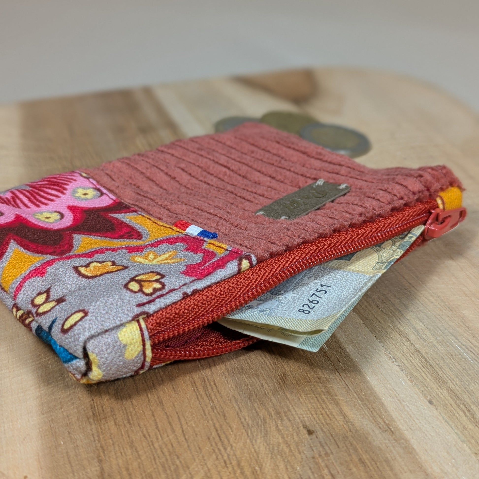 Porte monnaie en velours côtelé brique Po'fil