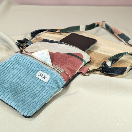 Pochette téléphone bandoulière, velours vert menthe Po'fil