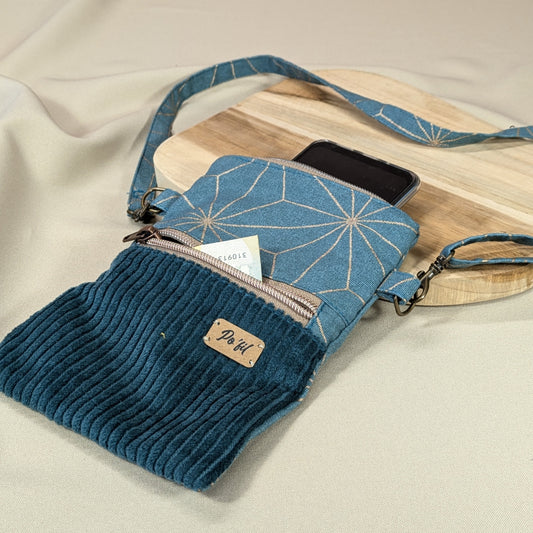 Pochette téléphone bandoulière, velours côtelé bleu vert Po'fil