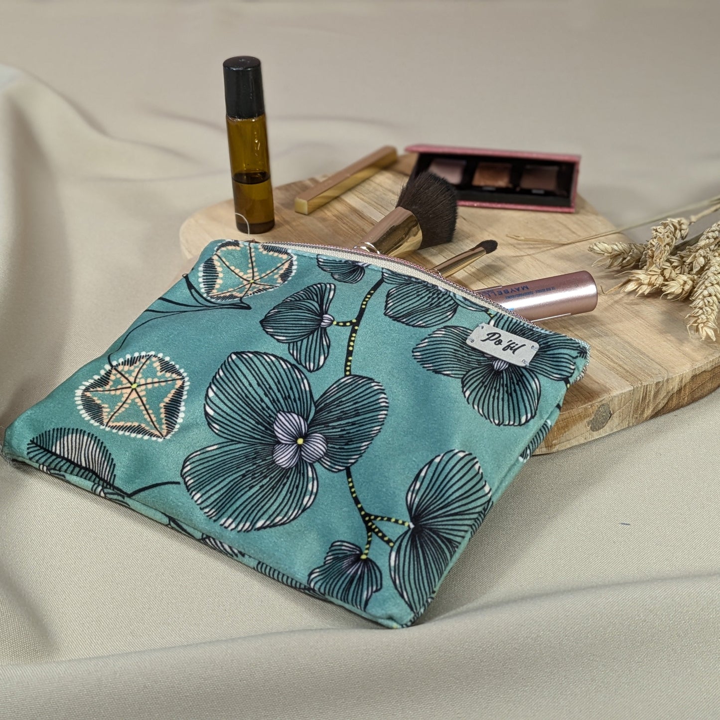 Pochette plate velours ras Phoenix fond vert d'eau Po'fil