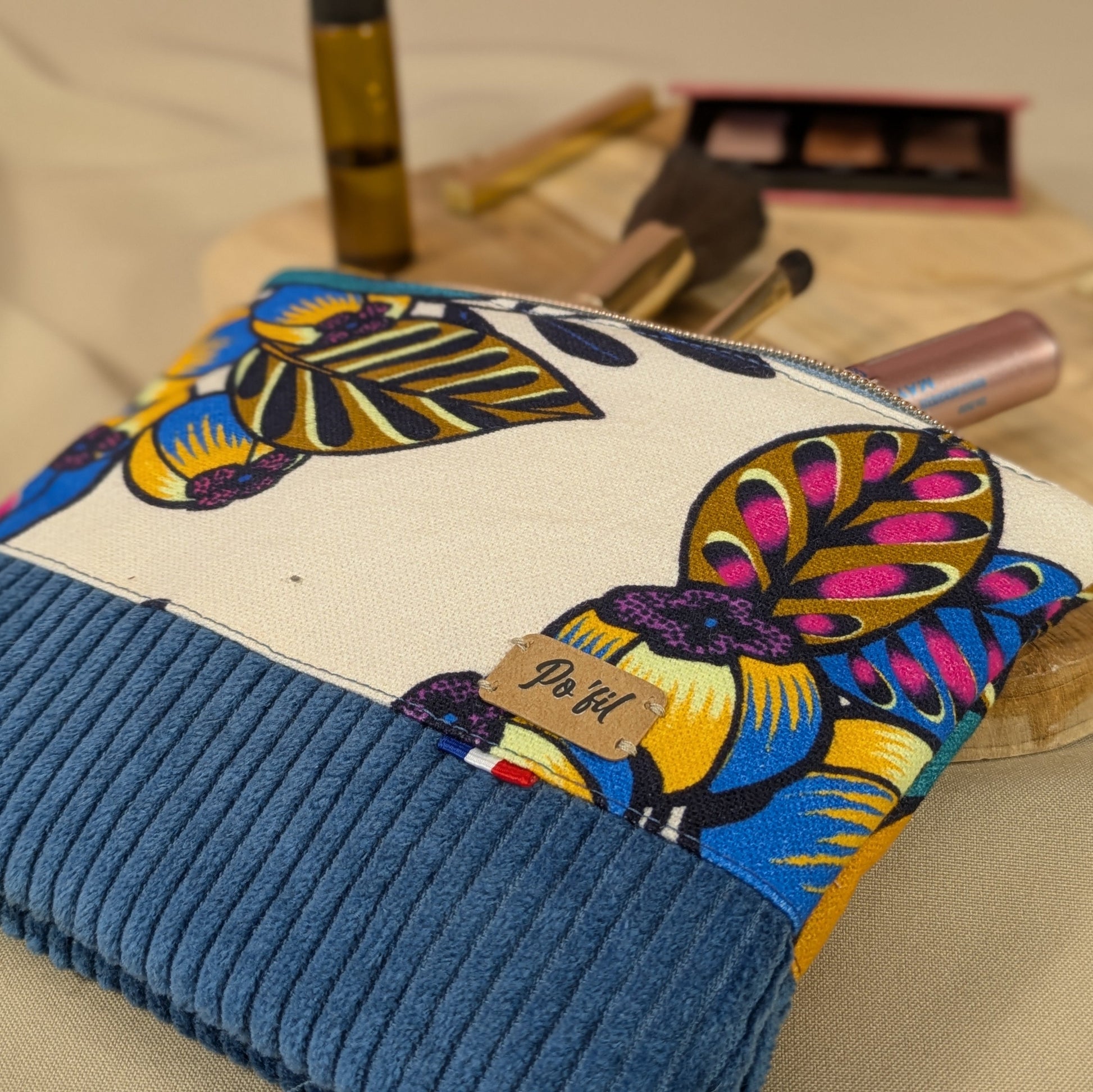 Pochette plate velours côtelé indigo Po'fil