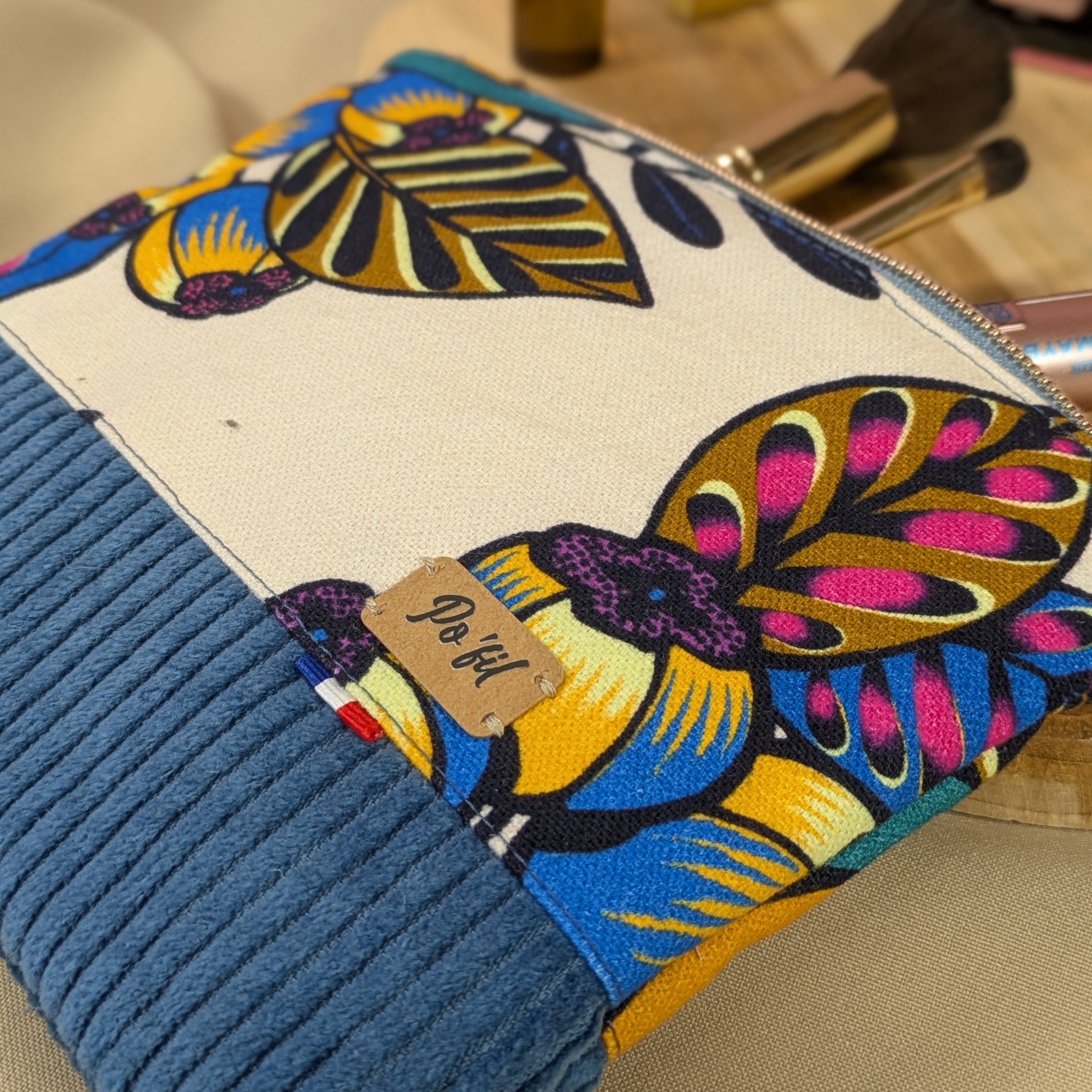Pochette plate velours côtelé indigo Po'fil
