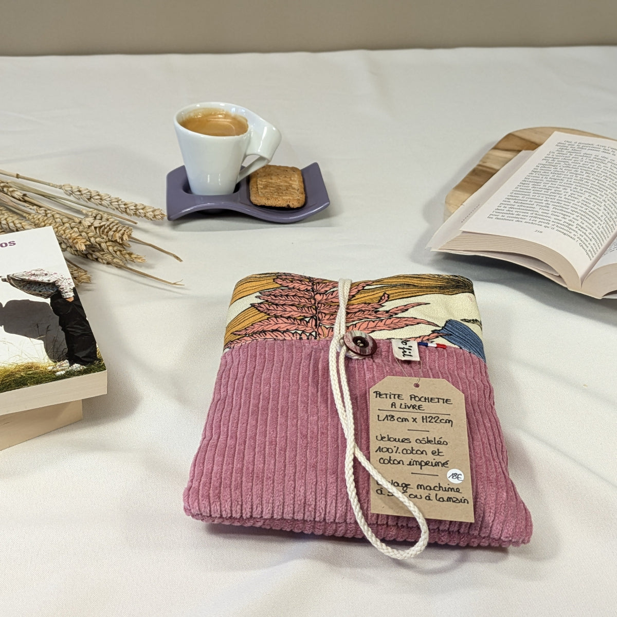 Petite pochette à livre, velours côtelé vieux rose Po'fil