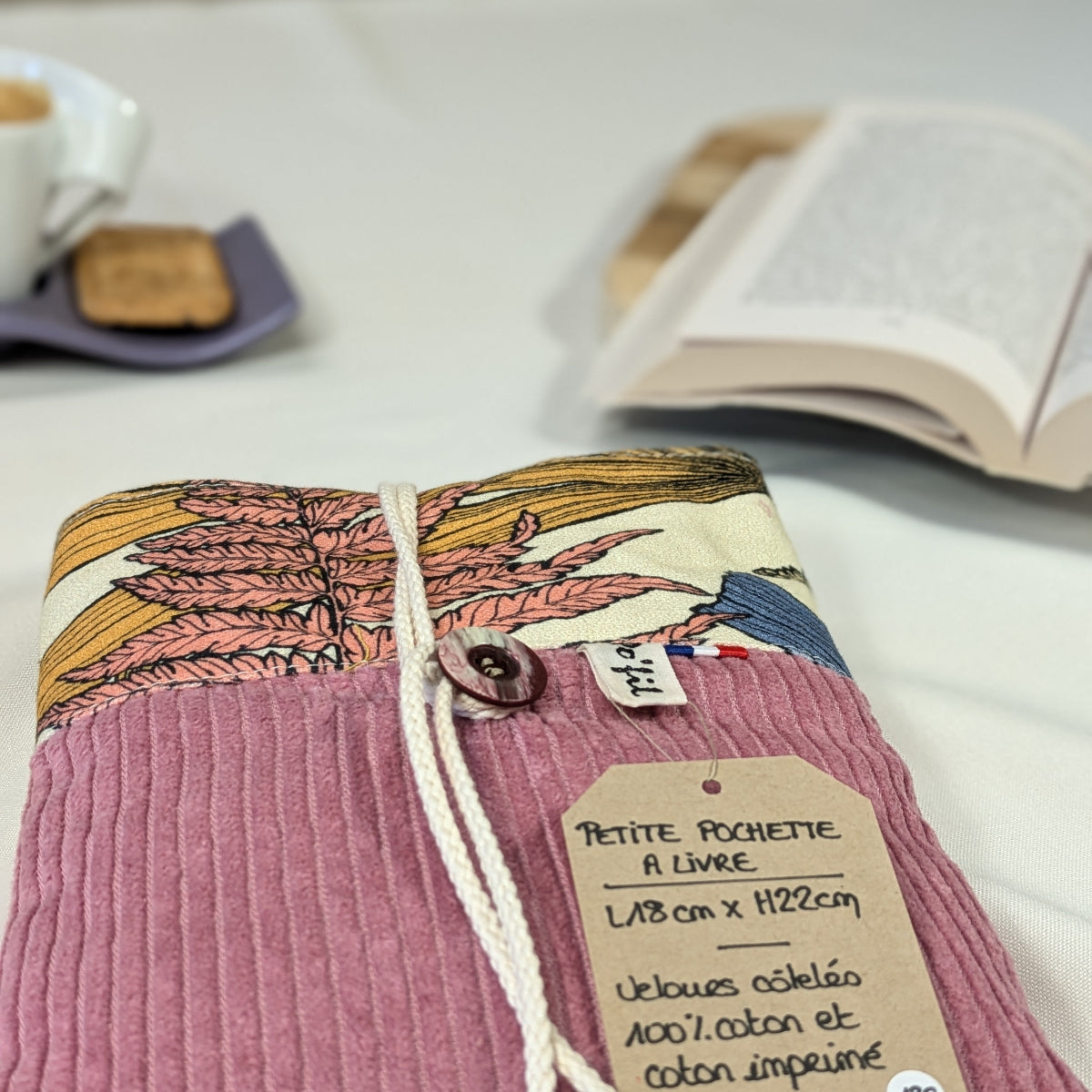 Petite pochette à livre, velours côtelé vieux rose Po'fil
