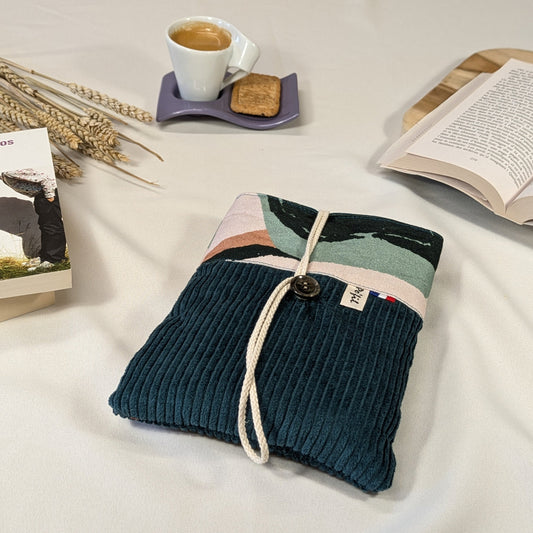 Petite pochette à livre, velours côtelé bleu vert Po'fil